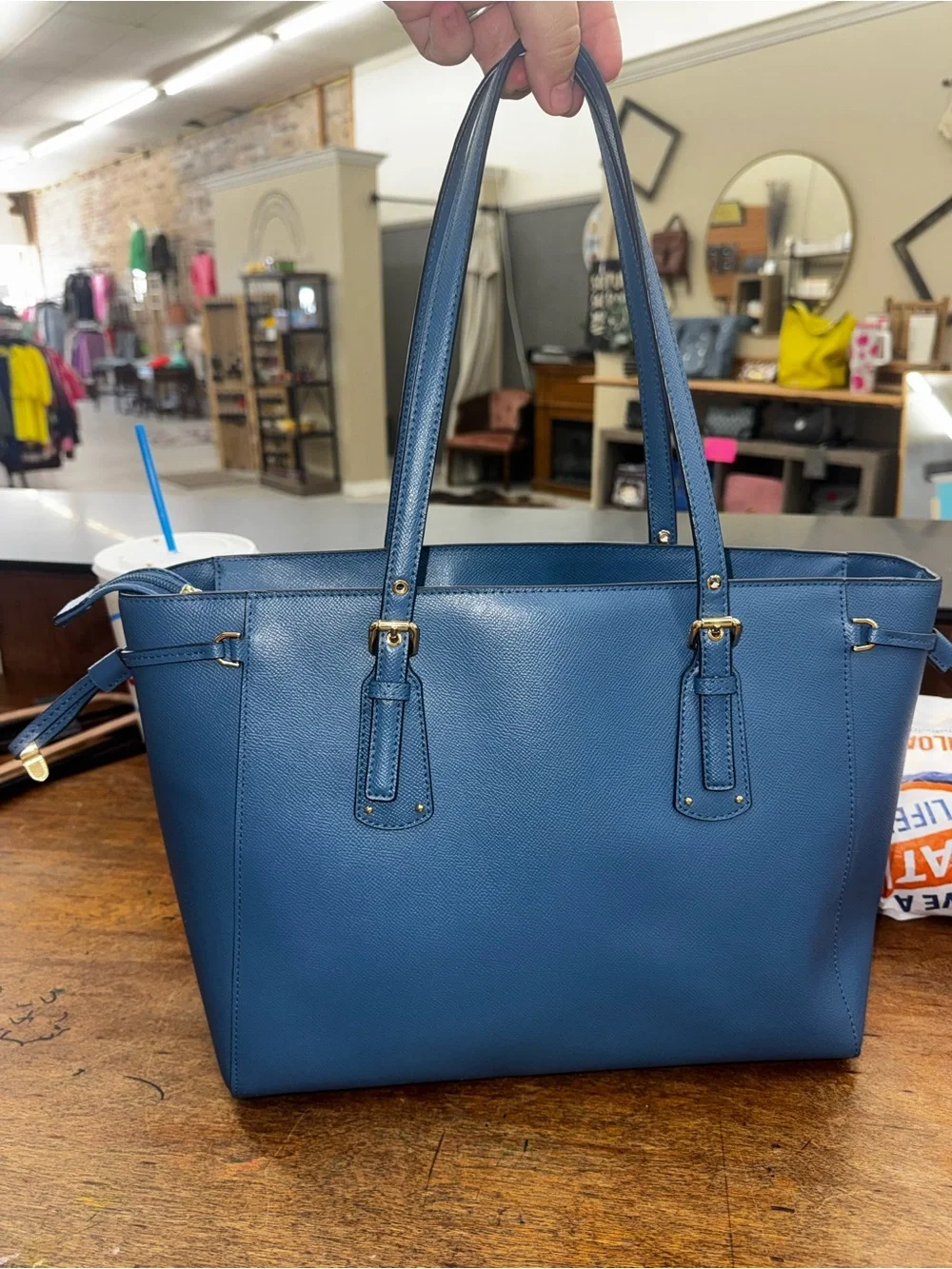 Michael Kors Blue Saffiano Leather Tote with Gold Hardware